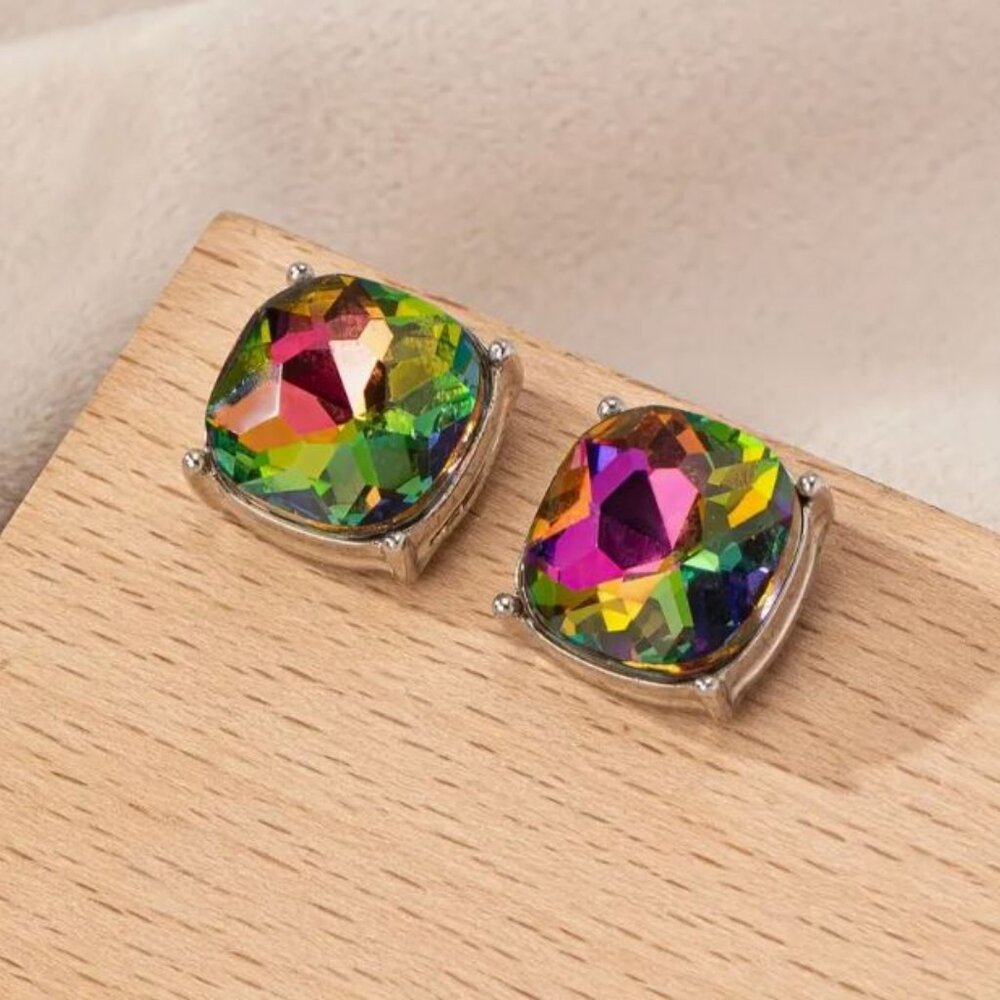 NEW Kate Aurora Borealis Crystal Large Stud Earrings Purple & Green